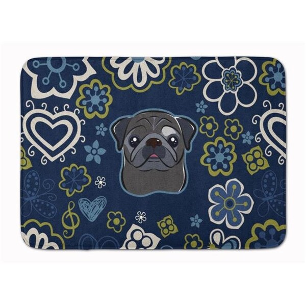 Carolines Treasures Carolines Treasures BB5114RUG Blue Flowers Black Pug Machine Washable Memory Foam Mat BB5114RUG - main